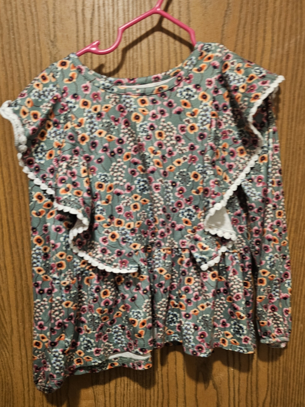 SHEIN Girls' Ruffle Floral Long-Sleeve Top - Green with Pink & Orange Flowers